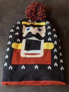 Mens Nutcracker Pom-Pom Beanie Hat - Black & Red